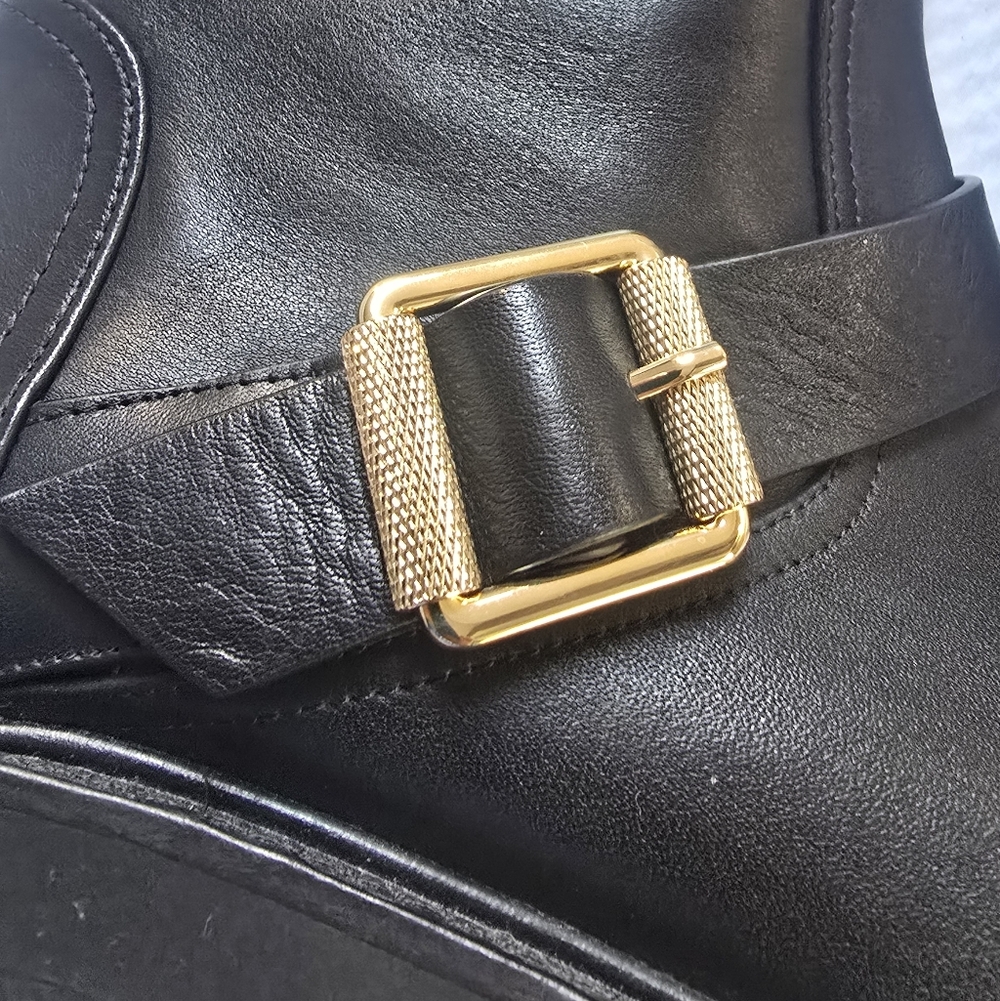 Stuart Weitzman NEW Black Combat Boots with Gold Buckle - Picture 9 of 14